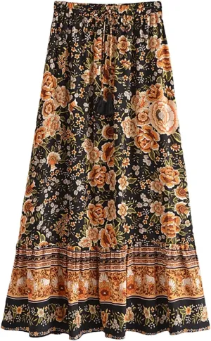Women Floral Print Beach Bohemian Pleated Skirt Summer Vintage Lady High Waist A-Line Skirts