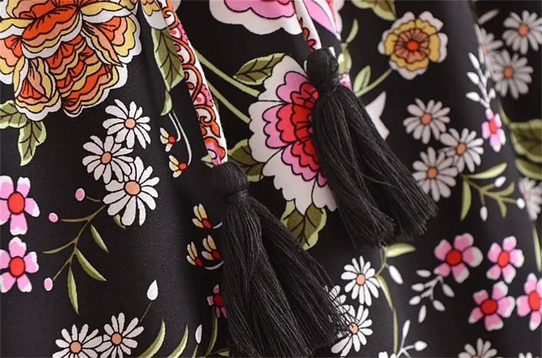 Women Floral Print Beach Bohemian Pleated Skirt Summer Vintage Lady High Waist A-Line Skirts
