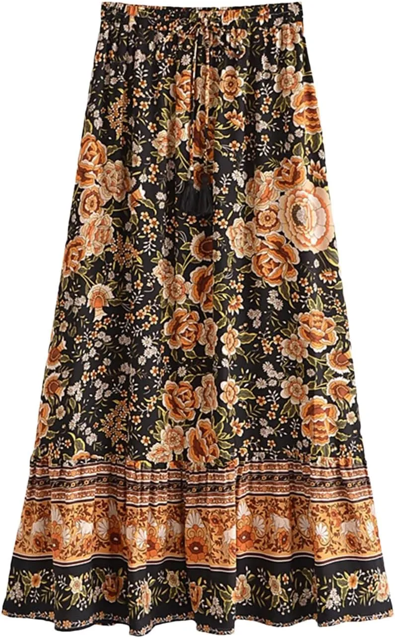 Women Floral Print Beach Bohemian Pleated Skirt Summer Vintage Lady High Waist A-Line Skirts