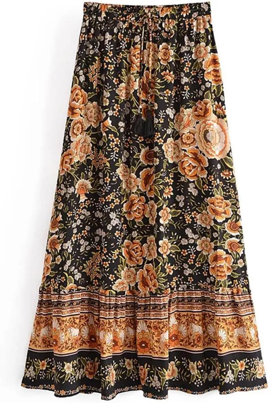 Women Floral Print Beach Bohemian Pleated Skirt Summer Vintage Lady High Waist A-Line Skirts