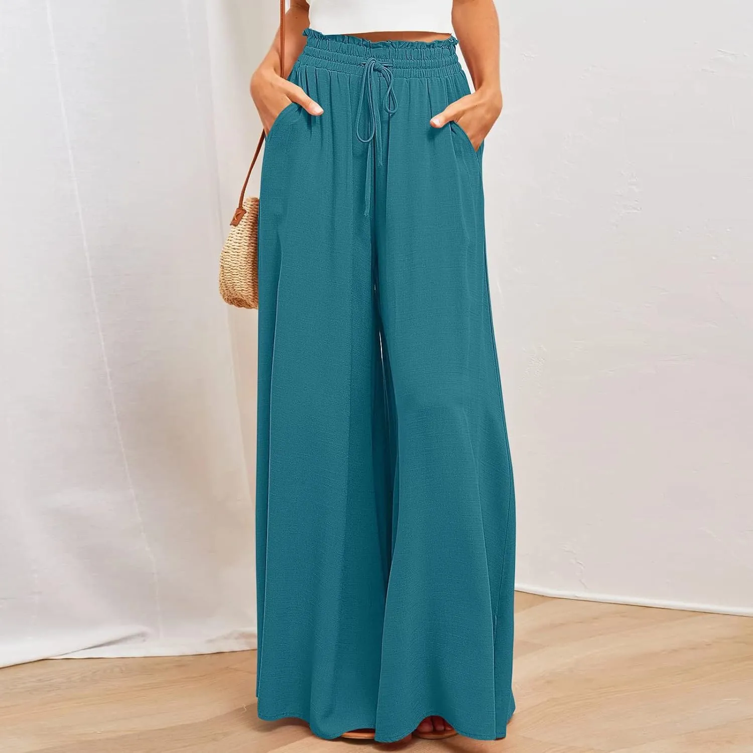 Women Flowy Pants Summer Fashion High Waisted Drawstring Wide Leg Casual Baggy Lightweight Breathable Solid Trosuers