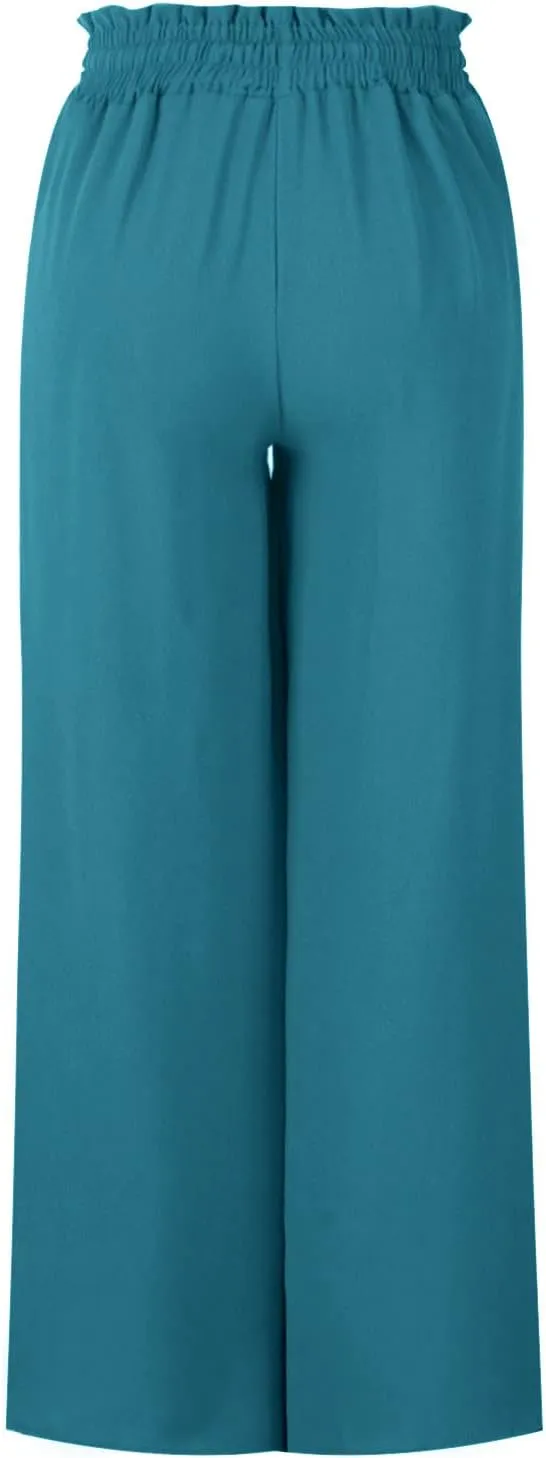 Women Flowy Pants Summer Fashion High Waisted Drawstring Wide Leg Casual Baggy Lightweight Breathable Solid Trosuers