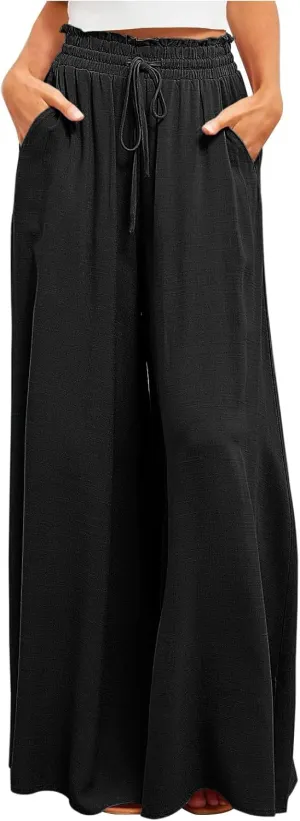 Women Flowy Pants Summer Fashion High Waisted Drawstring Wide Leg Casual Baggy Lightweight Breathable Solid Trosuers