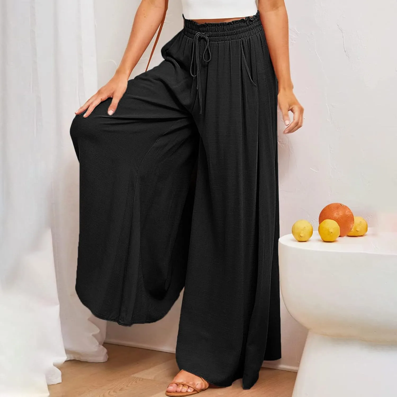 Women Flowy Pants Summer Fashion High Waisted Drawstring Wide Leg Casual Baggy Lightweight Breathable Solid Trosuers