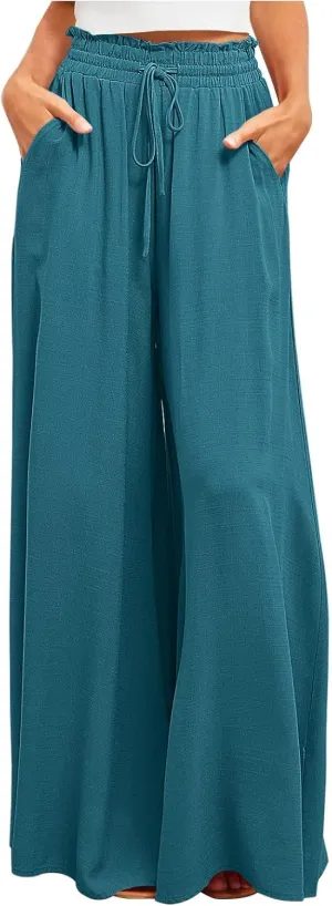 Women Flowy Pants Summer Fashion High Waisted Drawstring Wide Leg Casual Baggy Lightweight Breathable Solid Trosuers