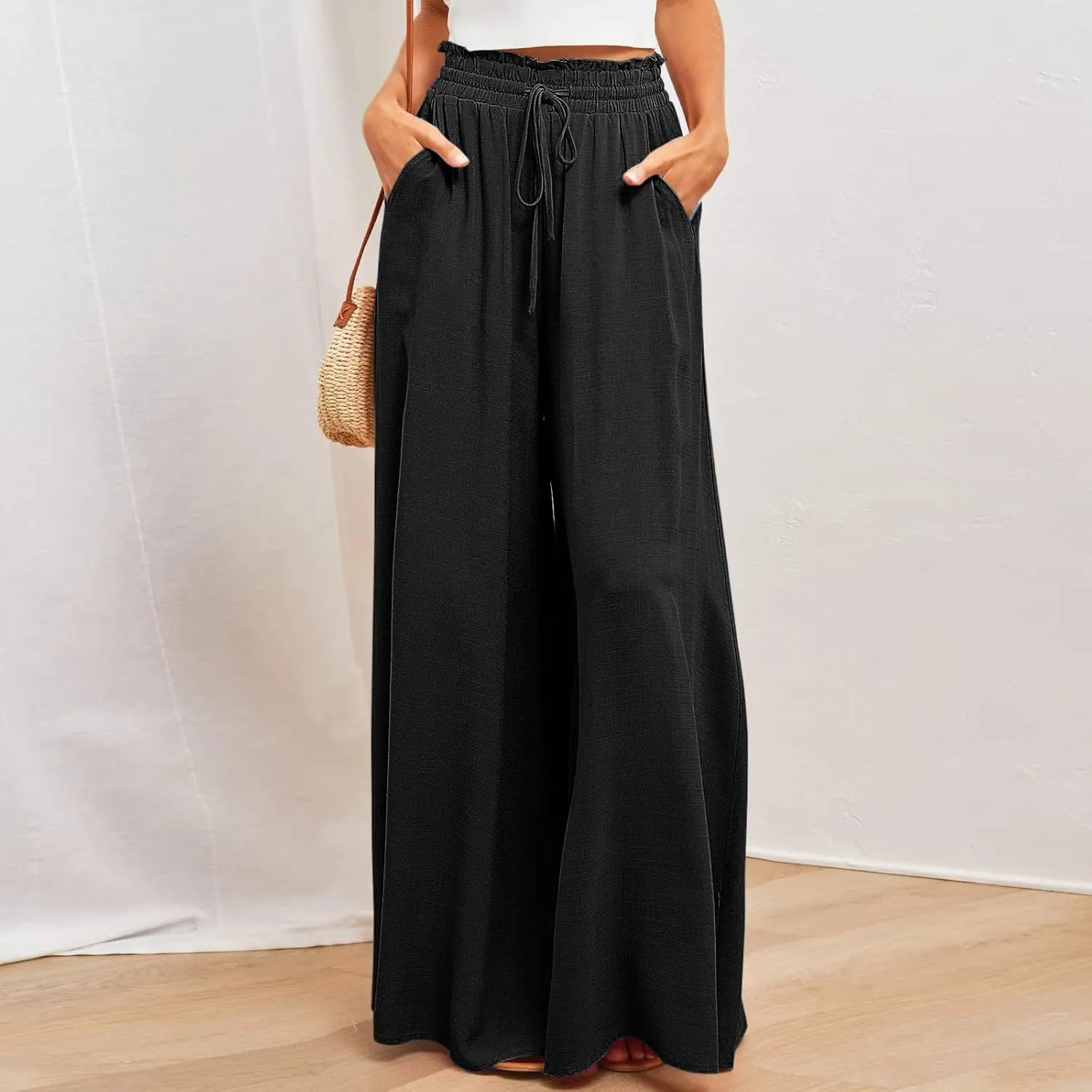 Women Flowy Pants Summer Fashion High Waisted Drawstring Wide Leg Casual Baggy Lightweight Breathable Solid Trosuers