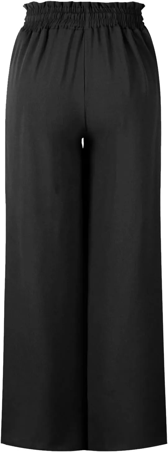 Women Flowy Pants Summer Fashion High Waisted Drawstring Wide Leg Casual Baggy Lightweight Breathable Solid Trosuers