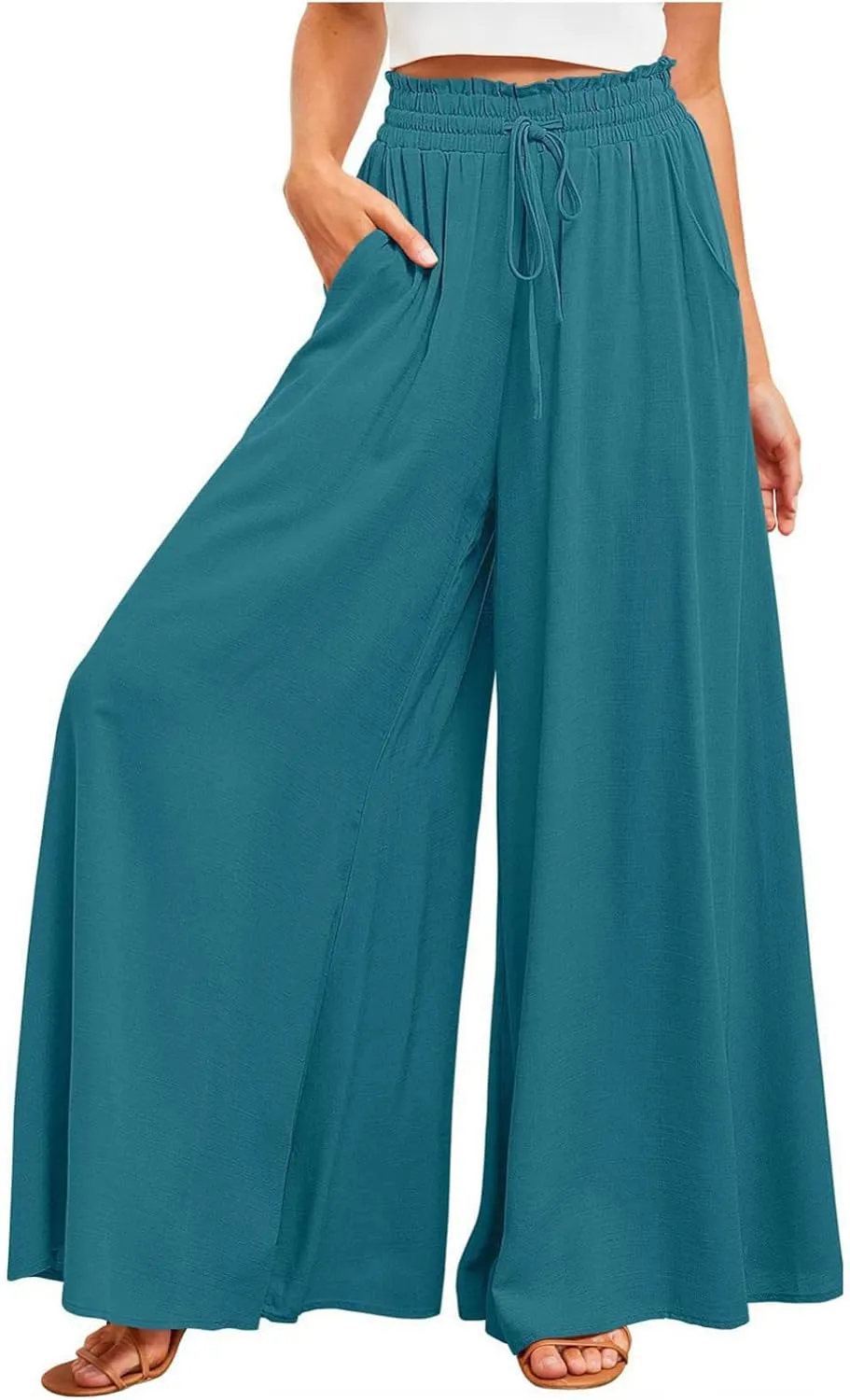 Women Flowy Pants Summer Fashion High Waisted Drawstring Wide Leg Casual Baggy Lightweight Breathable Solid Trosuers