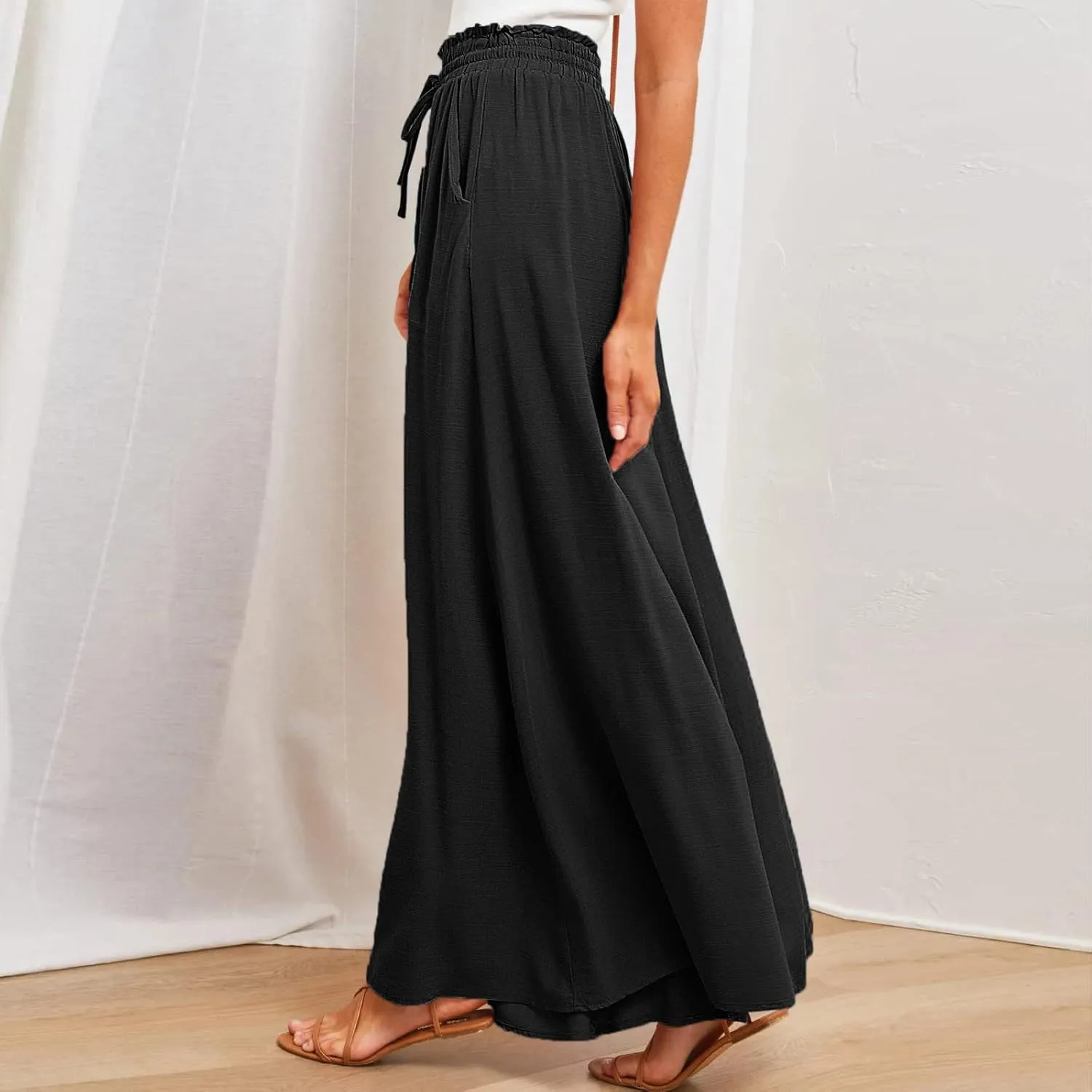 Women Flowy Pants Summer Fashion High Waisted Drawstring Wide Leg Casual Baggy Lightweight Breathable Solid Trosuers