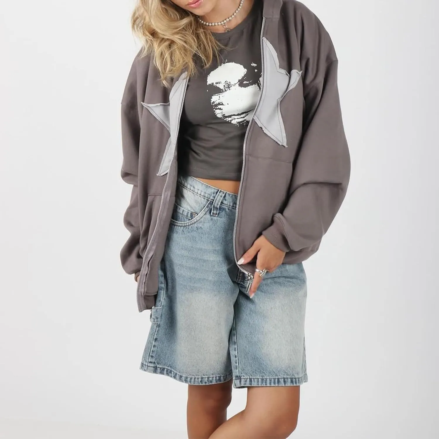 Women Gothic Star Zip Up Hoodie Long Sleeve Patchwork Oversized Aesthetic Goth Hooded Sweatshirts Streetwear Tops
