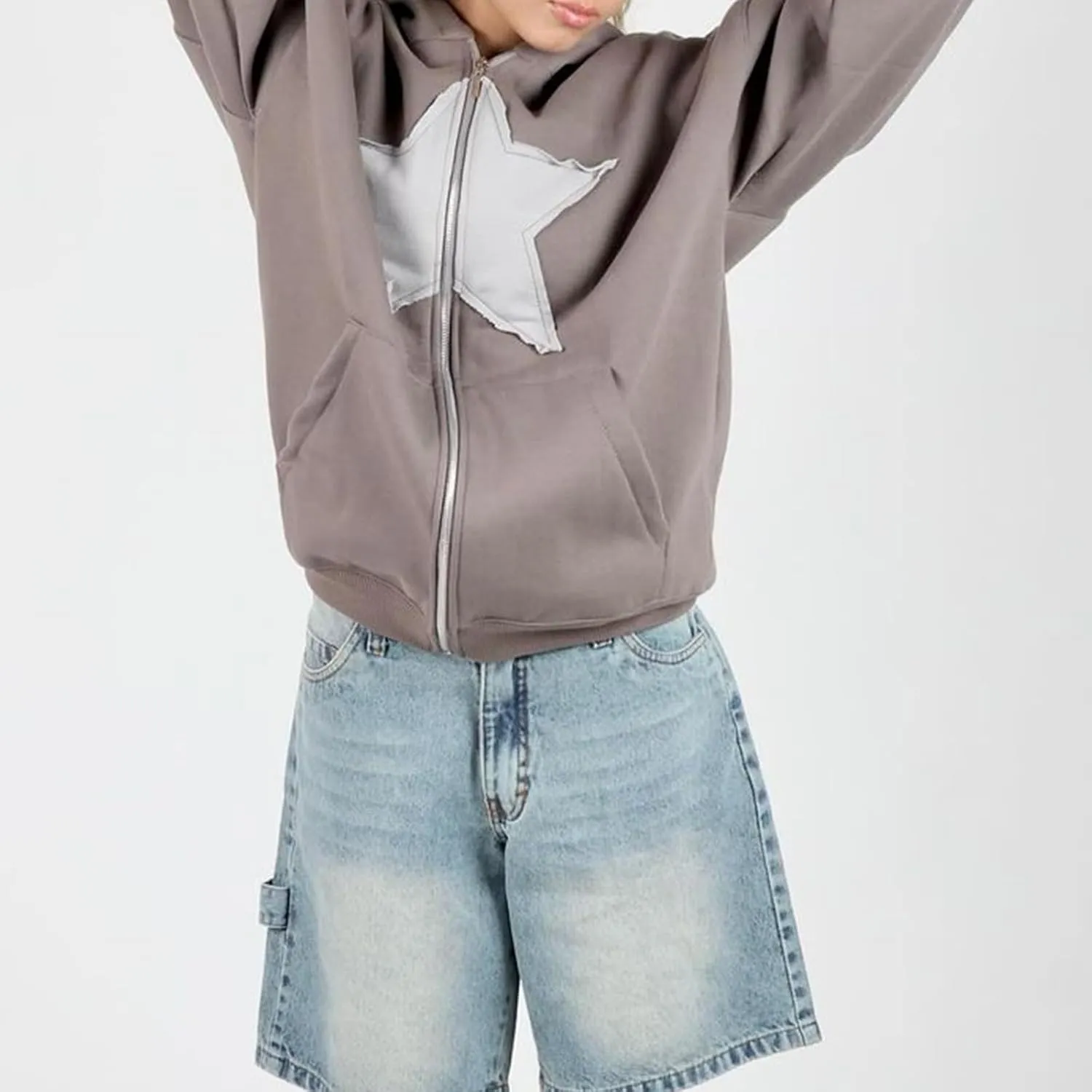 Women Gothic Star Zip Up Hoodie Long Sleeve Patchwork Oversized Aesthetic Goth Hooded Sweatshirts Streetwear Tops
