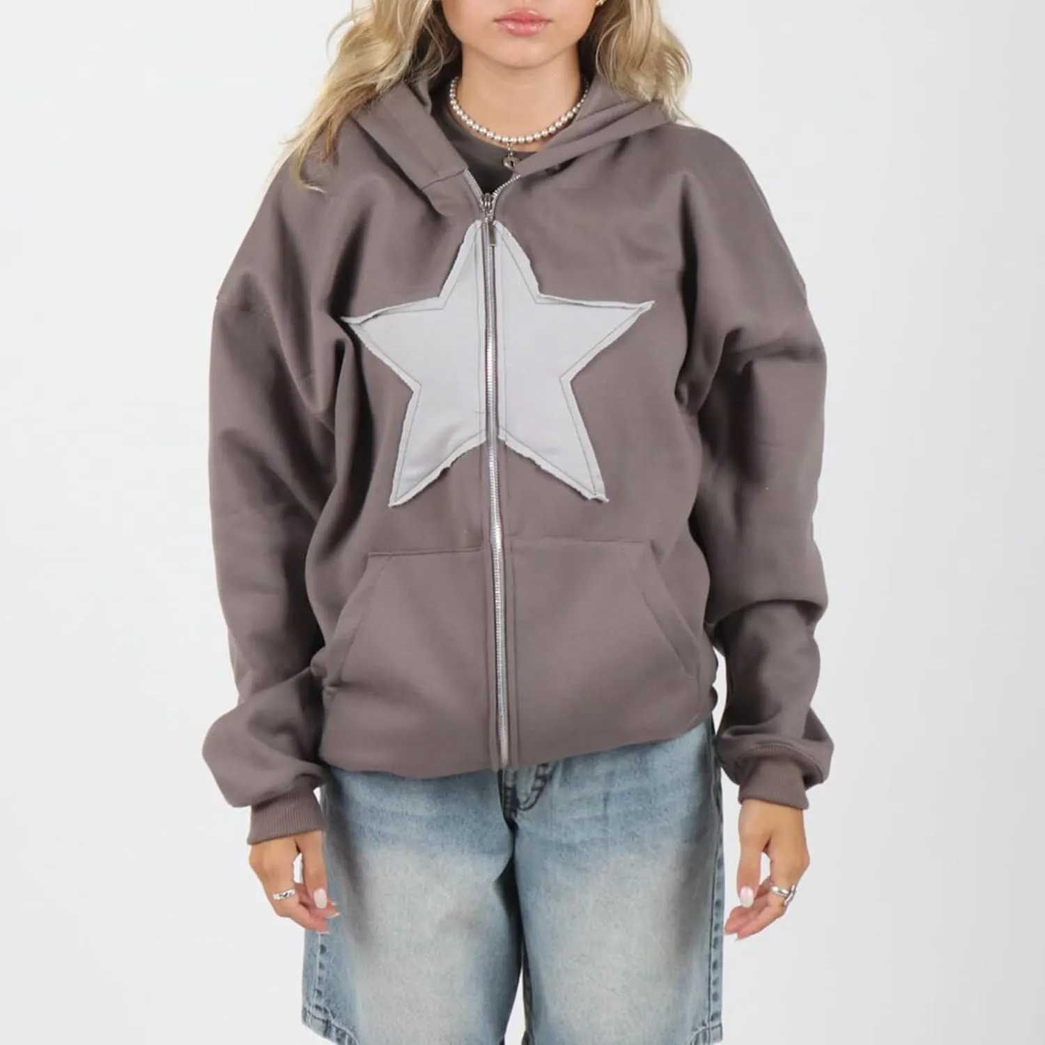 Women Gothic Star Zip Up Hoodie Long Sleeve Patchwork Oversized Aesthetic Goth Hooded Sweatshirts Streetwear Tops