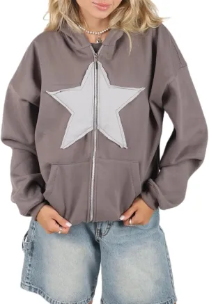 Women Gothic Star Zip Up Hoodie Long Sleeve Patchwork Oversized Aesthetic Goth Hooded Sweatshirts Streetwear Tops