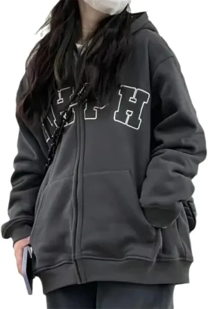 Women Harajuku Zip Up Hoodie Korean Aesthetic Y2k Vintage Graphic Oversized Hooded Sweatshirt Fleece Warm Jacket Top