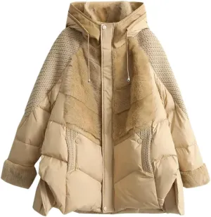 Women Hooded Parker Loose Down Jacket Knitting Patchwork Warm Coat Cotton Padded Jacket Outerwear beige khaki S