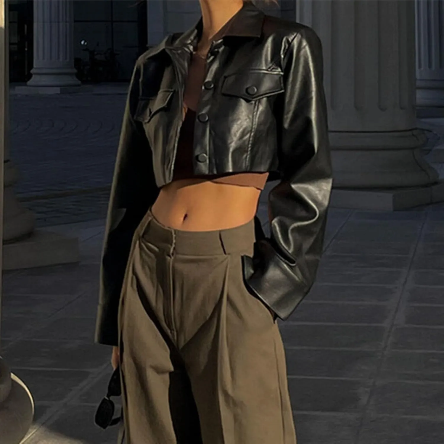 Women Leather Crop Coat Solid Color Casual Long Sleeve Button Down Moto Biker Jacket Fall Outwear