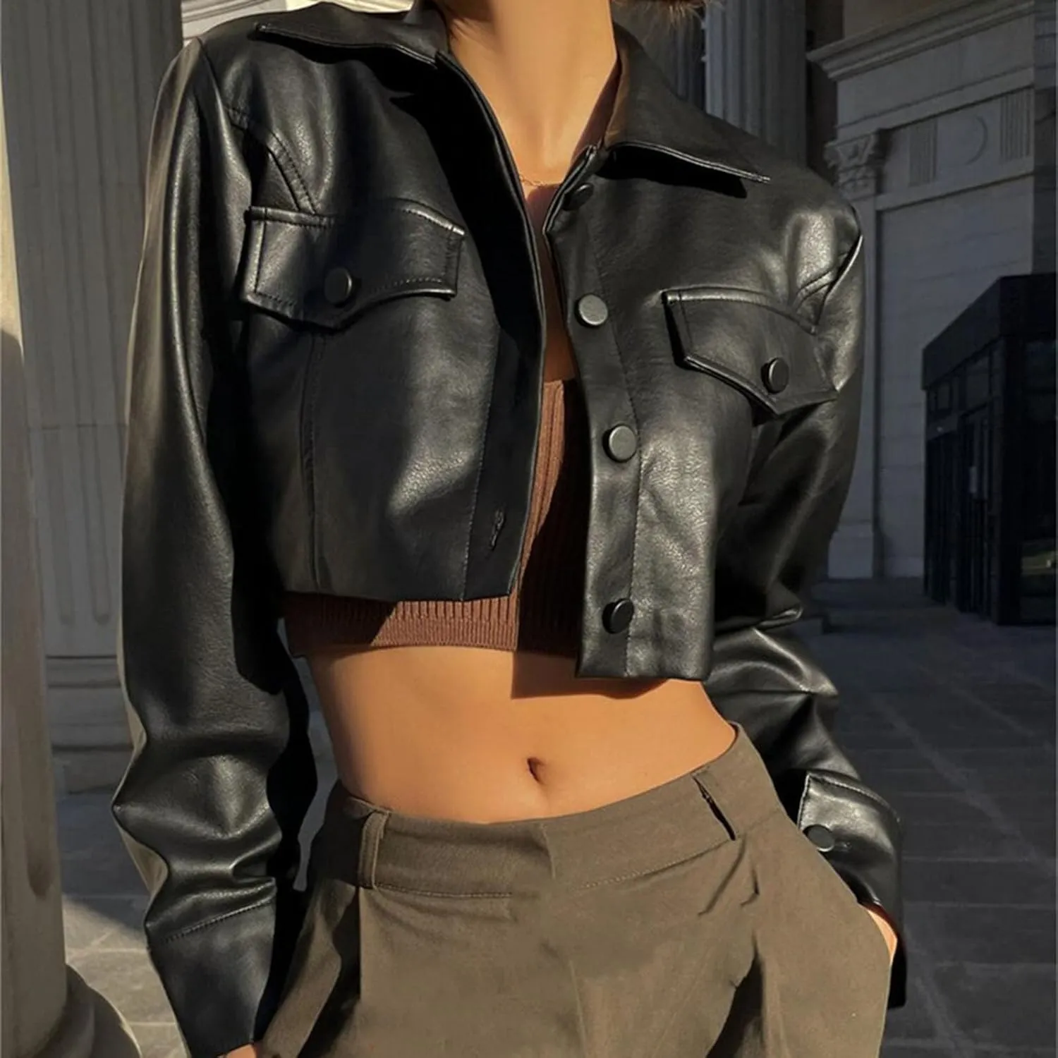 Women Leather Crop Coat Solid Color Casual Long Sleeve Button Down Moto Biker Jacket Fall Outwear