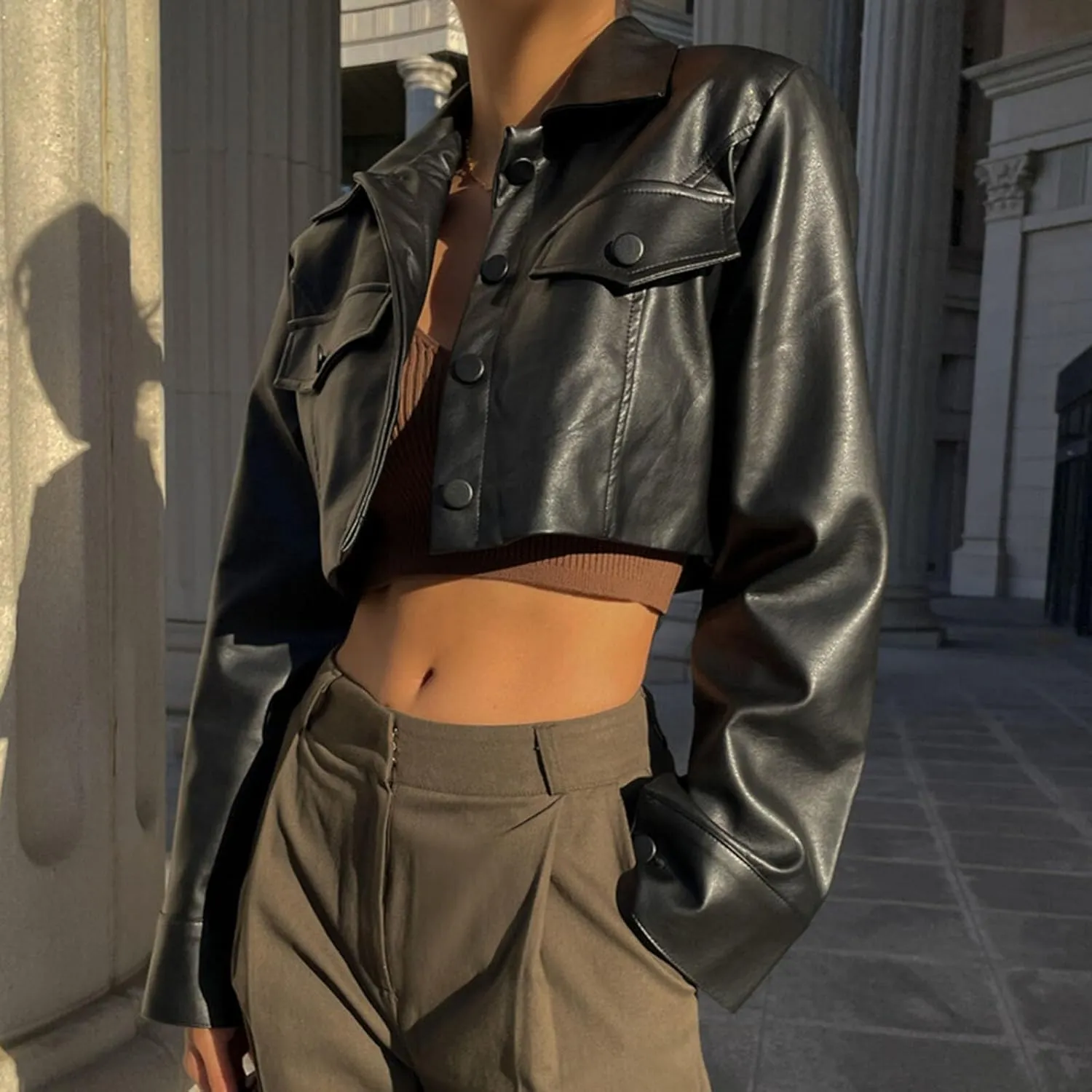Women Leather Crop Coat Solid Color Casual Long Sleeve Button Down Moto Biker Jacket Fall Outwear