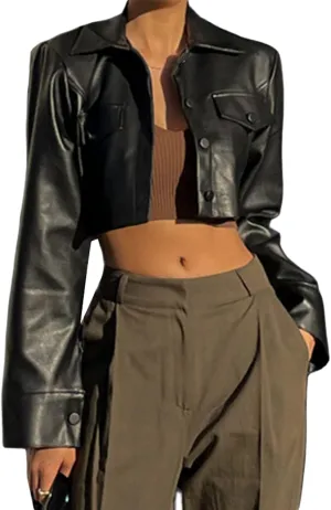 Women Leather Crop Coat Solid Color Casual Long Sleeve Button Down Moto Biker Jacket Fall Outwear