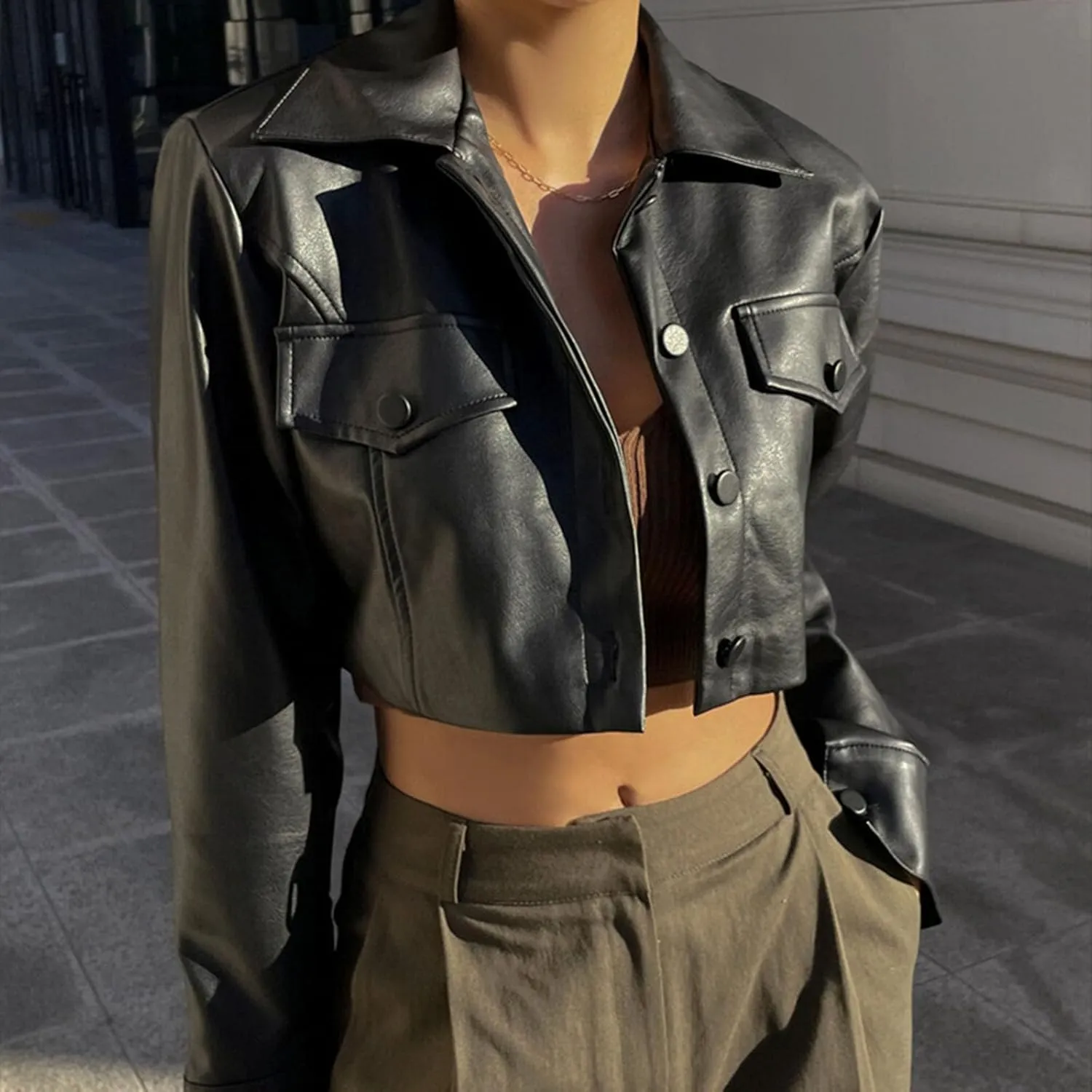 Women Leather Crop Coat Solid Color Casual Long Sleeve Button Down Moto Biker Jacket Fall Outwear