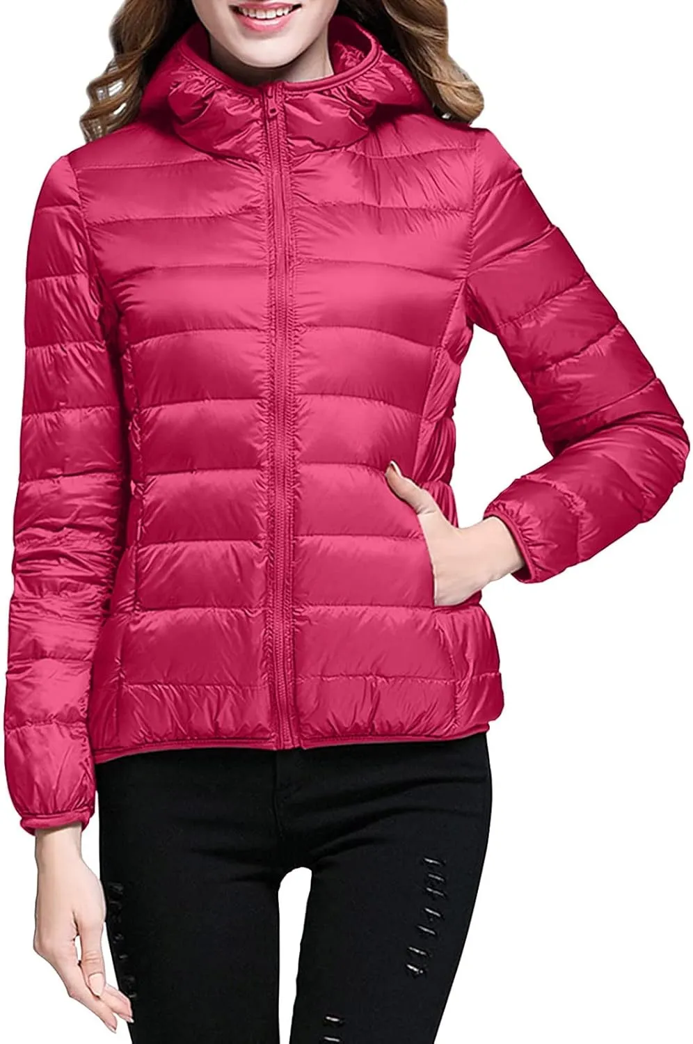 Women Lightweight Short Puffer Jacket Zip Long Sleeve Packable Hooded Down Coats Slim Winter Warm Cropped Outwear