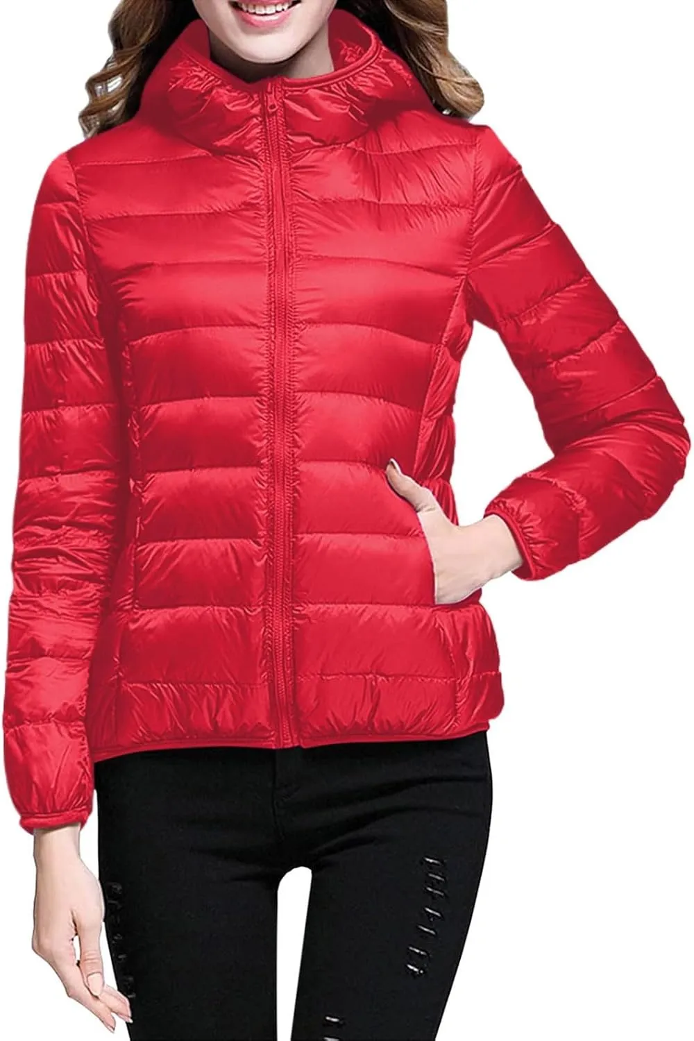 Women Lightweight Short Puffer Jacket Zip Long Sleeve Packable Hooded Down Coats Slim Winter Warm Cropped Outwear
