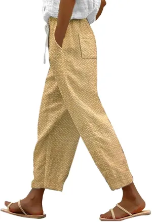Women Linen Pants 2025 New Summer Casual High Waist Breathable Beach Pants Drawstring Elastic Trousers with Pockets