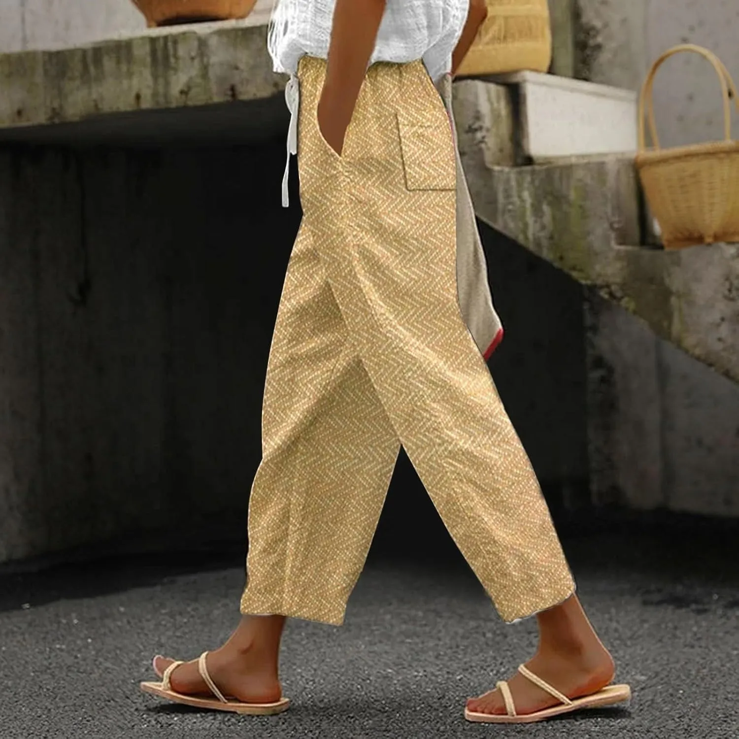 Women Linen Pants 2025 New Summer Casual High Waist Breathable Beach Pants Drawstring Elastic Trousers with Pockets