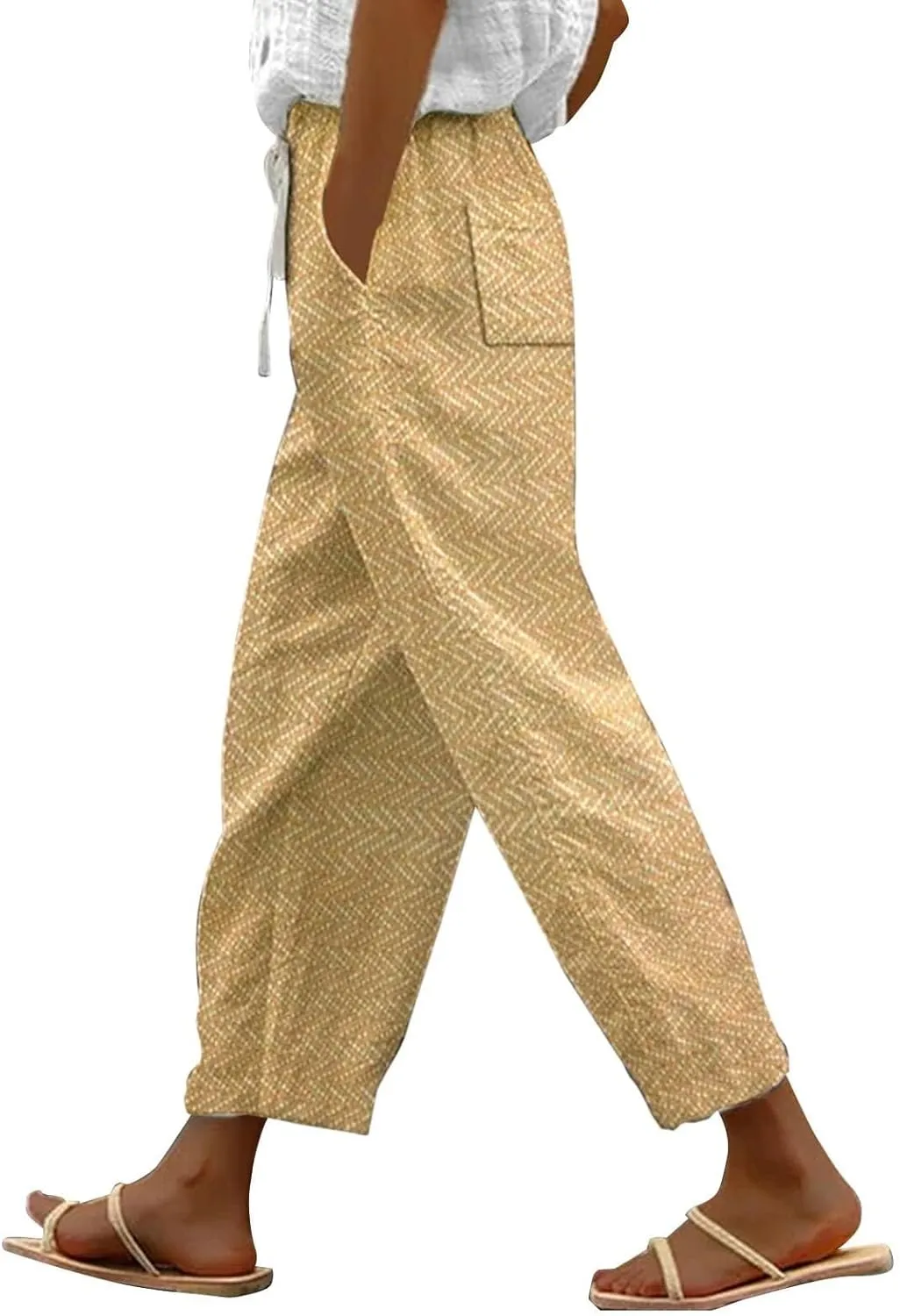 Women Linen Pants 2025 New Summer Casual High Waist Breathable Beach Pants Drawstring Elastic Trousers with Pockets