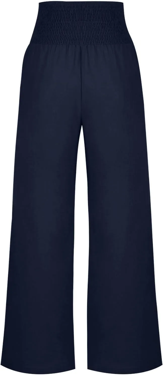 Women Linen Pants Summer Casual Wide Leg Pants Drawstring Waist Cotton Loose Fit Palazzo Trousers with Pockets