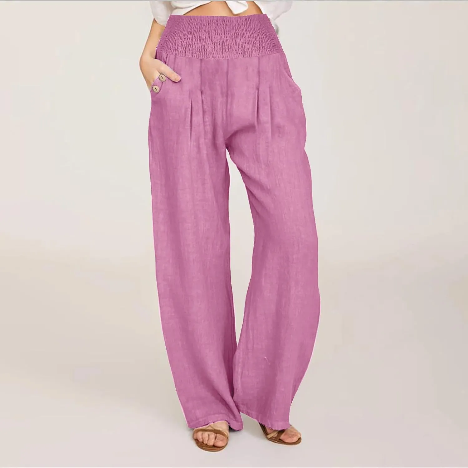 Women Linen Pants Summer Casual Wide Leg Pants Drawstring Waist Cotton Loose Fit Palazzo Trousers with Pockets