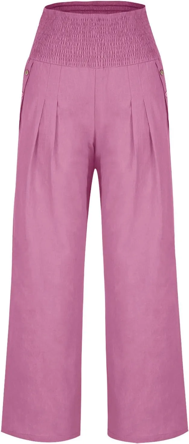 Women Linen Pants Summer Casual Wide Leg Pants Drawstring Waist Cotton Loose Fit Palazzo Trousers with Pockets