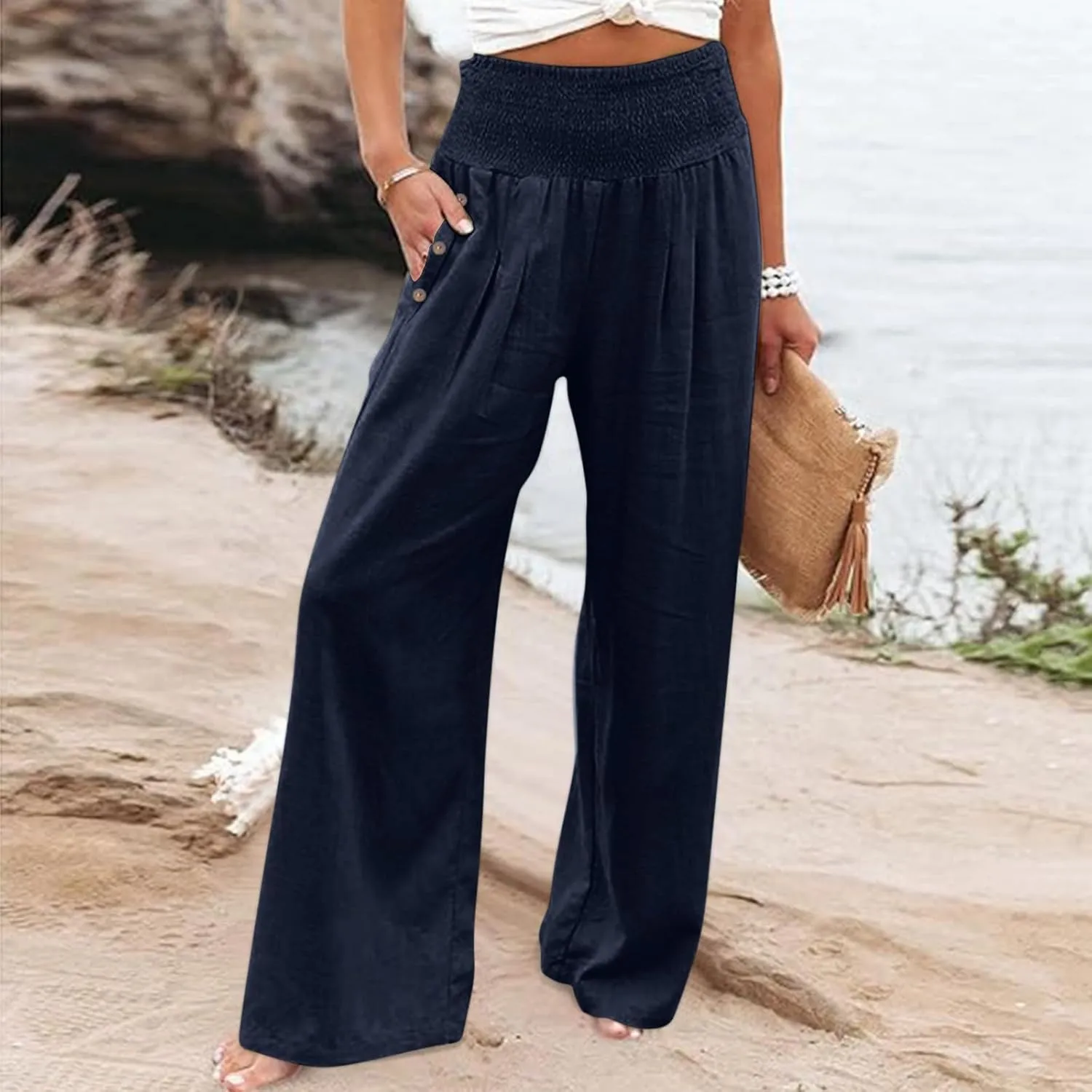 Women Linen Pants Summer Casual Wide Leg Pants Drawstring Waist Cotton Loose Fit Palazzo Trousers with Pockets