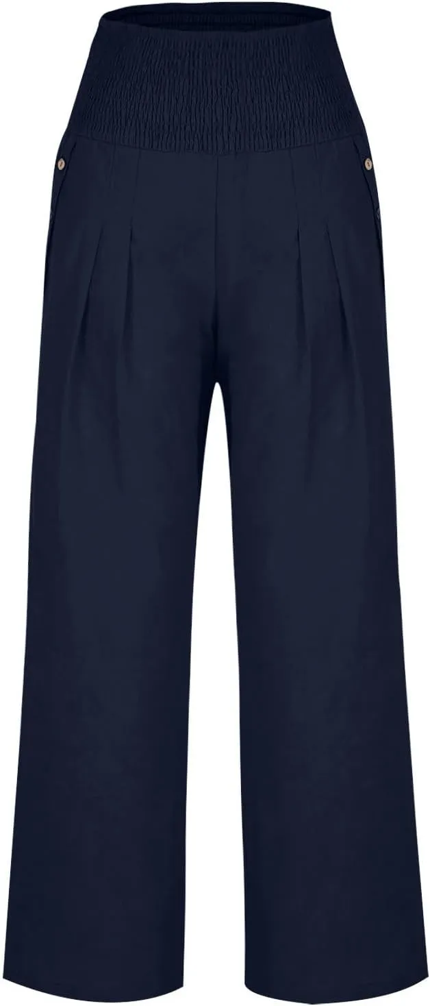 Women Linen Pants Summer Casual Wide Leg Pants Drawstring Waist Cotton Loose Fit Palazzo Trousers with Pockets