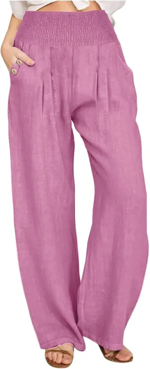 Women Linen Pants Summer Casual Wide Leg Pants Drawstring Waist Cotton Loose Fit Palazzo Trousers with Pockets