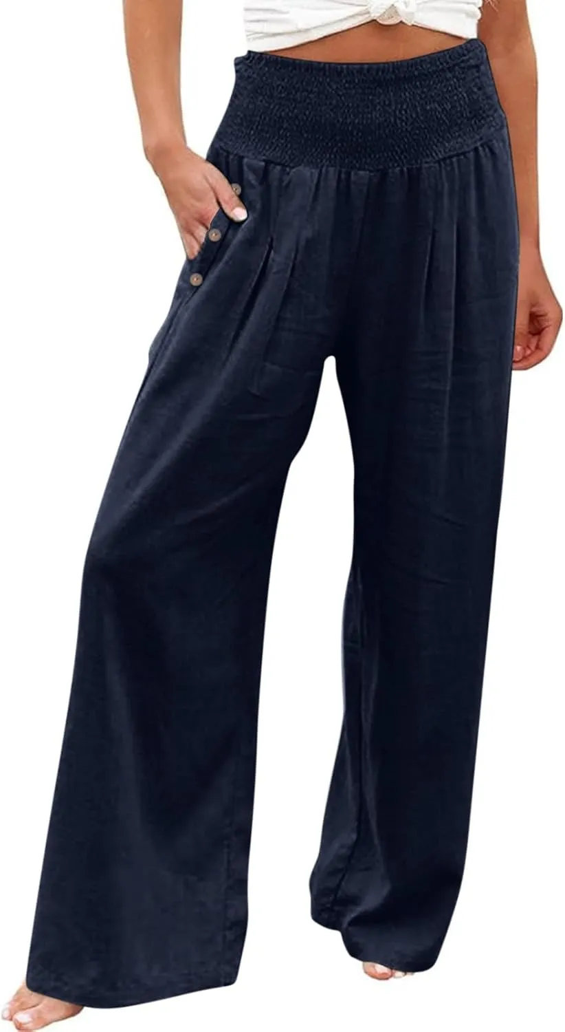 Women Linen Pants Summer Casual Wide Leg Pants Drawstring Waist Cotton Loose Fit Palazzo Trousers with Pockets