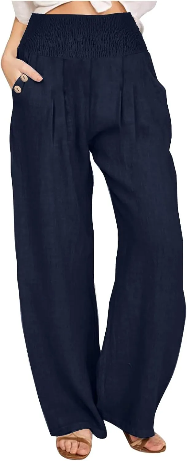 Women Linen Pants Summer Casual Wide Leg Pants Drawstring Waist Cotton Loose Fit Palazzo Trousers with Pockets
