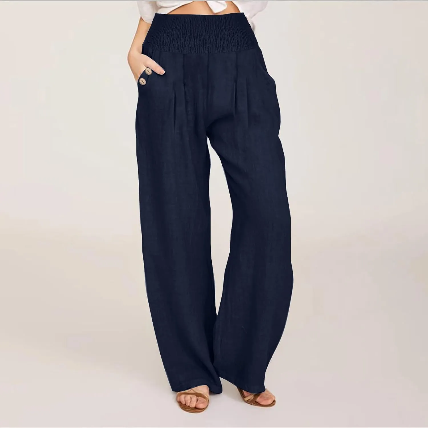 Women Linen Pants Summer Casual Wide Leg Pants Drawstring Waist Cotton Loose Fit Palazzo Trousers with Pockets