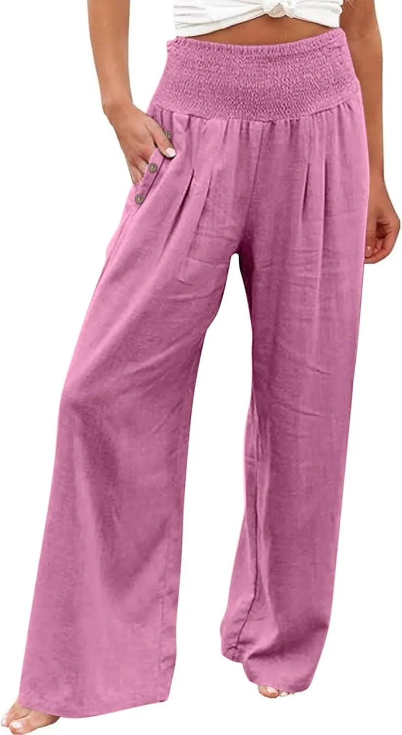 Women Linen Pants Summer Casual Wide Leg Pants Drawstring Waist Cotton Loose Fit Palazzo Trousers with Pockets