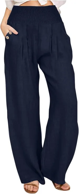 Women Linen Pants Summer Casual Wide Leg Pants Drawstring Waist Cotton Loose Fit Palazzo Trousers with Pockets