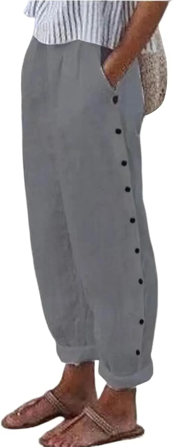 Women Linen Pants Tapered Elastic Waist Summer Casual Straight Leg Trouser Side Button Baggy Cropped Pant with Pocket