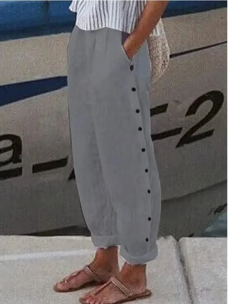 Women Linen Pants Tapered Elastic Waist Summer Casual Straight Leg Trouser Side Button Baggy Cropped Pant with Pocket