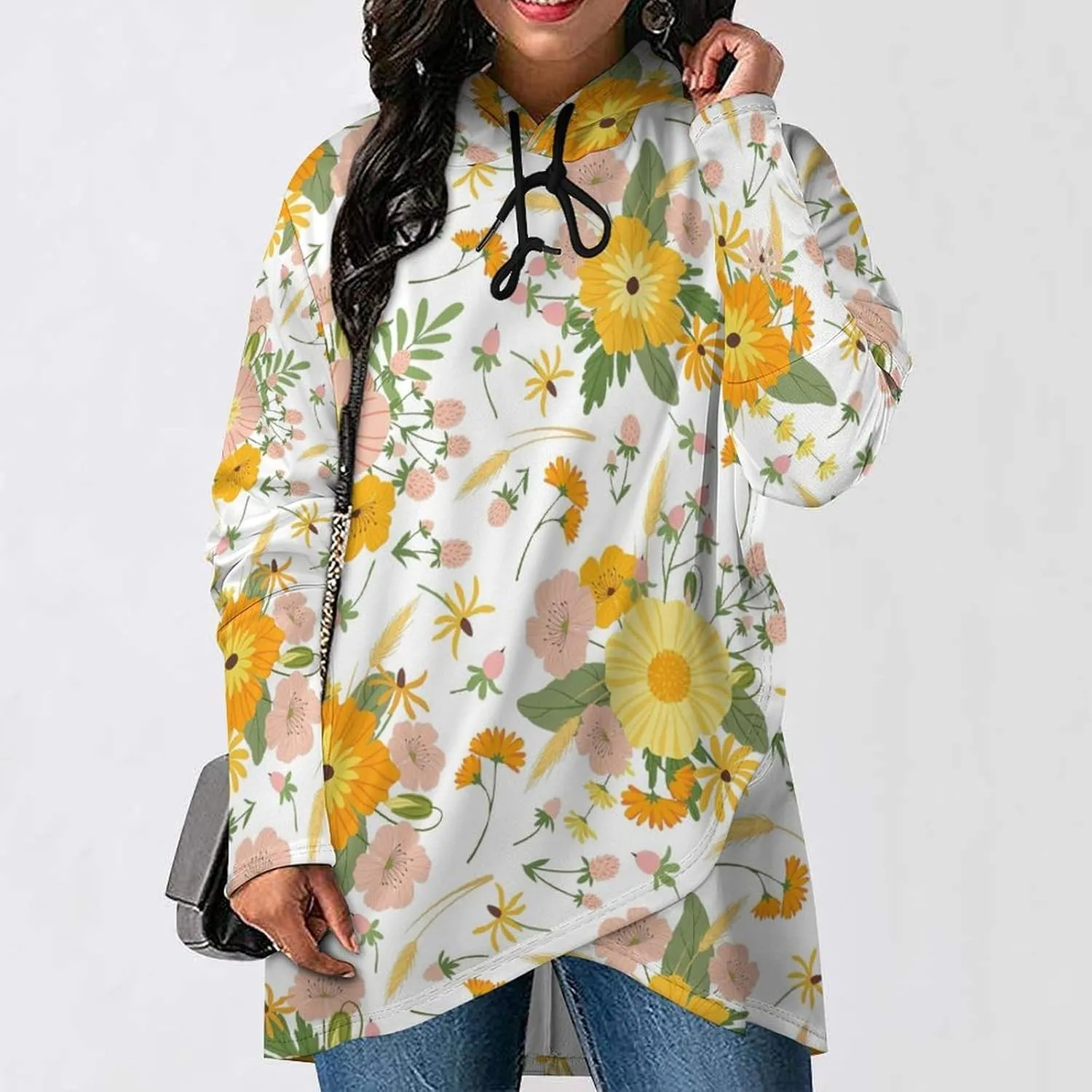 Women Long-sleeve Cloak Style Yellow Florals Sweatshirt Decked Colorful Loose-fit