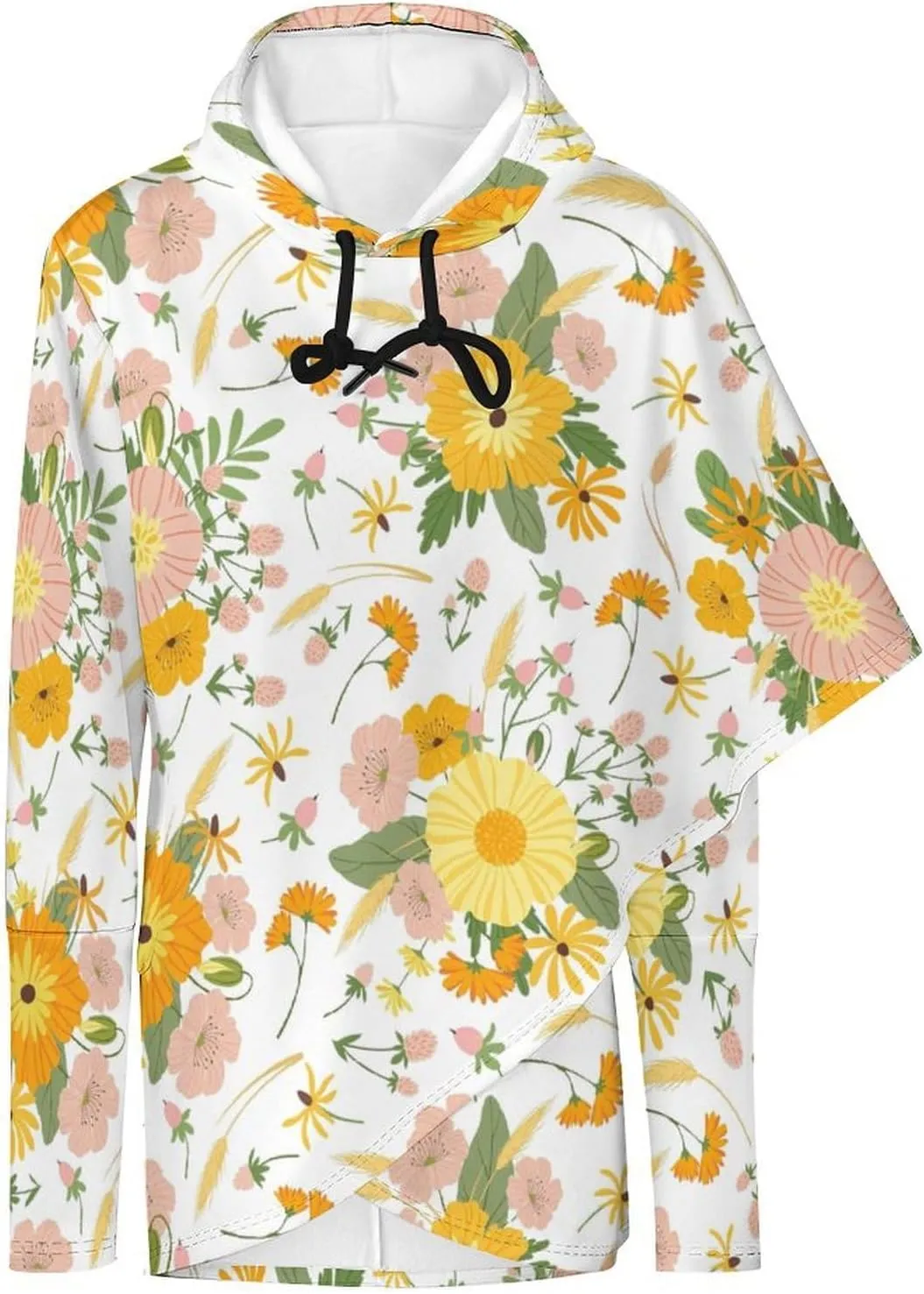 Women Long-sleeve Cloak Style Yellow Florals Sweatshirt Decked Colorful Loose-fit