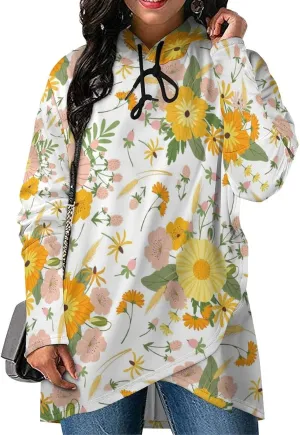 Women Long-sleeve Cloak Style Yellow Florals Sweatshirt Decked Colorful Loose-fit