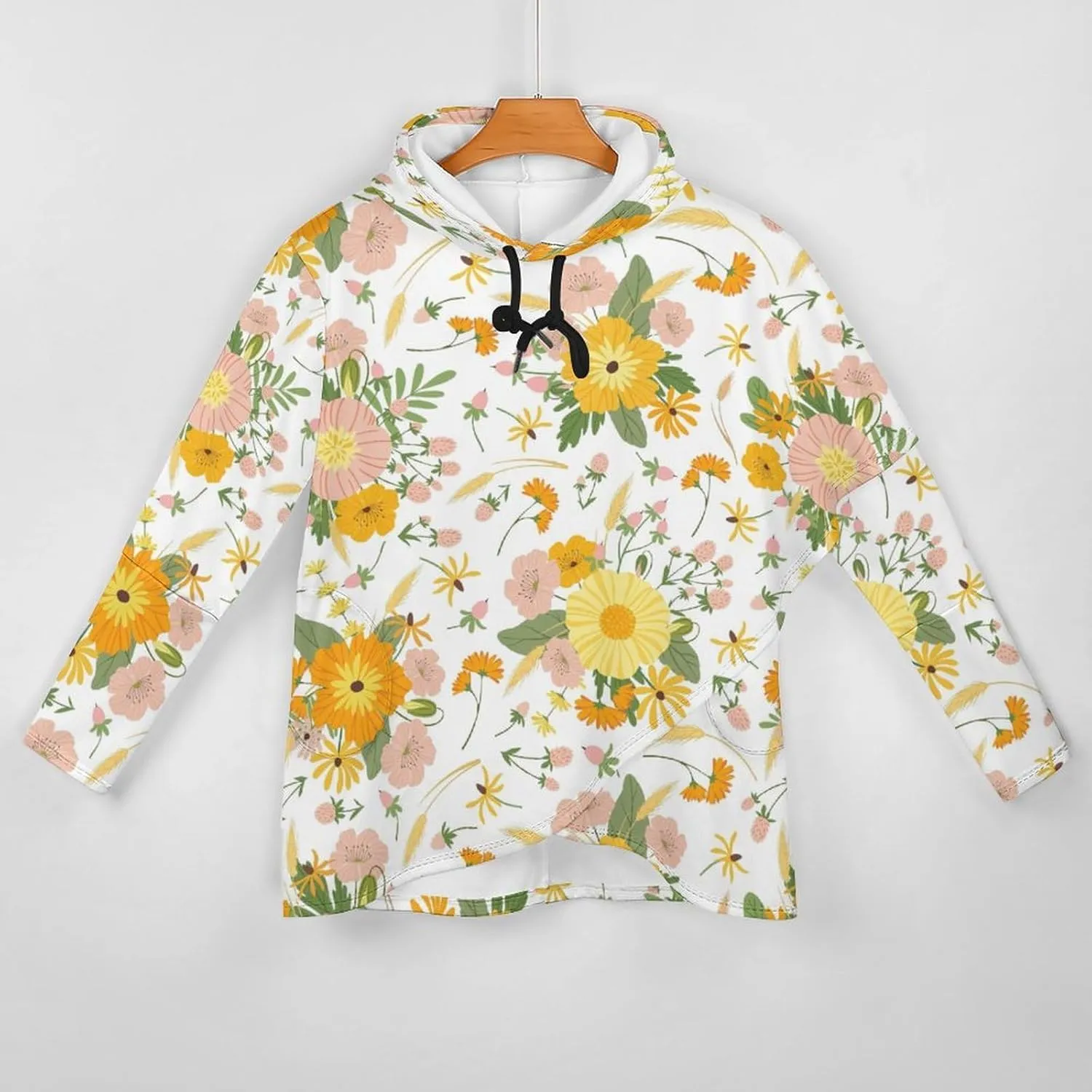 Women Long-sleeve Cloak Style Yellow Florals Sweatshirt Decked Colorful Loose-fit