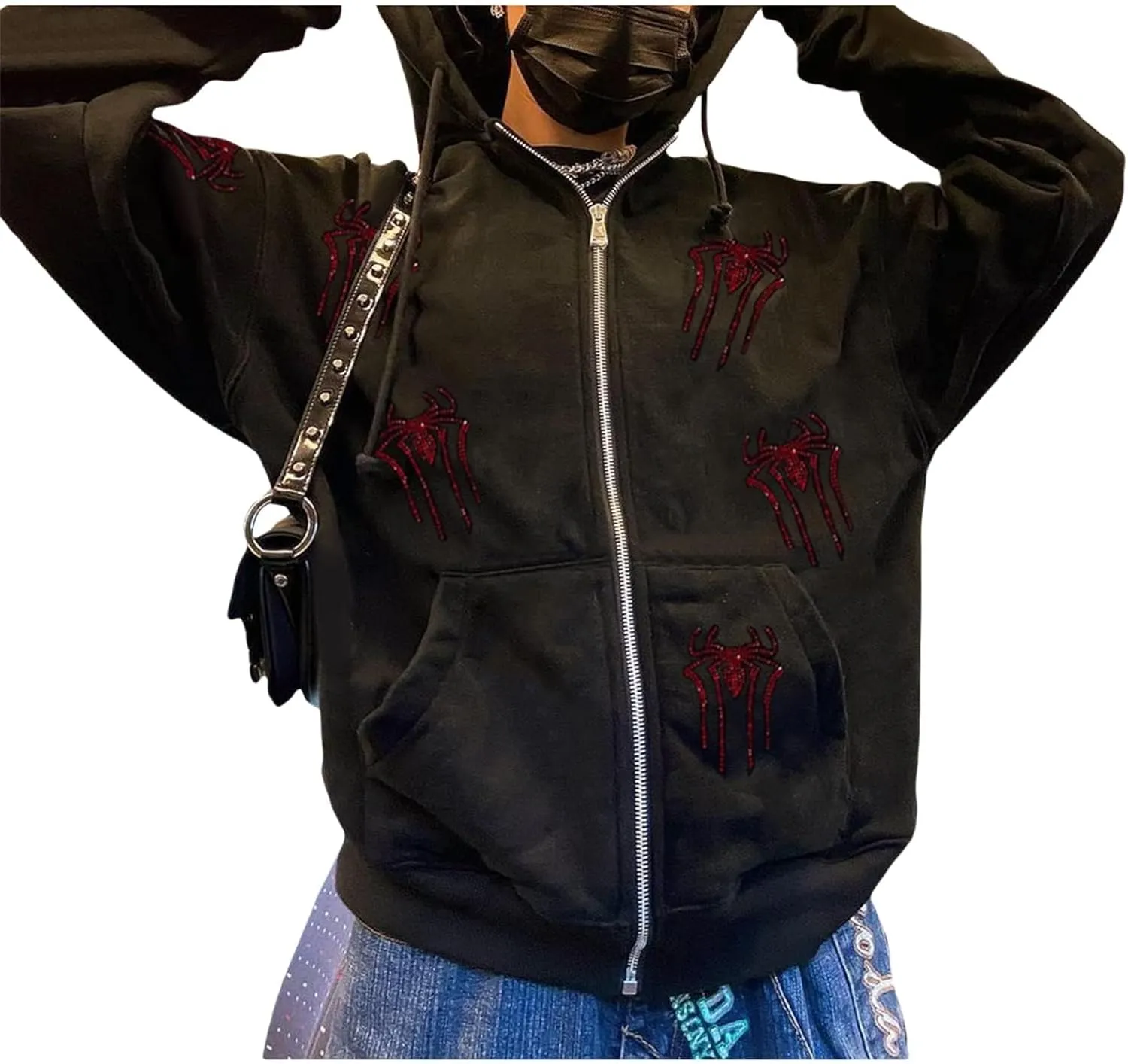 Women Men Zip Up Y2k Oversized Hoodie Spider Graphic Full Zipper Sweatshirt Teen Girls Grunge Streetwear Jacket