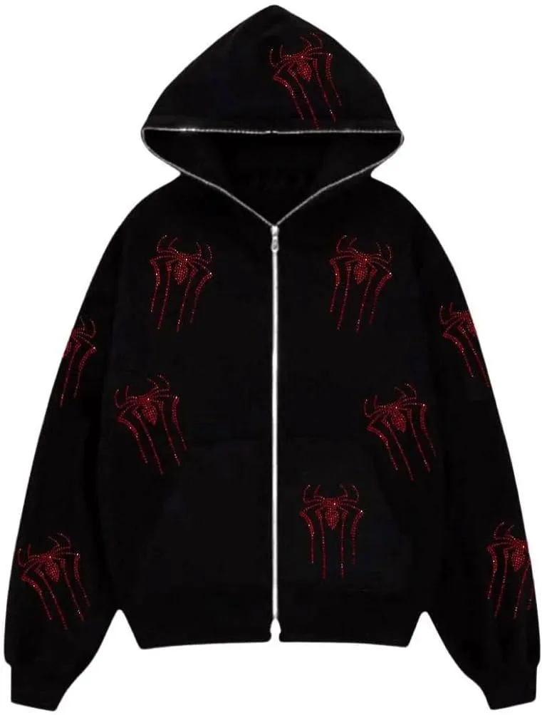 Women Men Zip Up Y2k Oversized Hoodie Spider Graphic Full Zipper Sweatshirt Teen Girls Grunge Streetwear Jacket