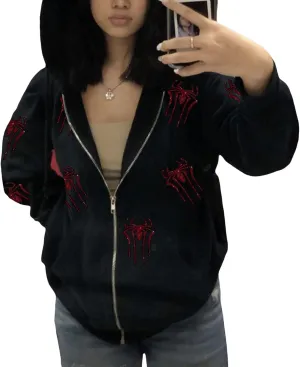 Women Men Zip Up Y2k Oversized Hoodie Spider Graphic Full Zipper Sweatshirt Teen Girls Grunge Streetwear Jacket