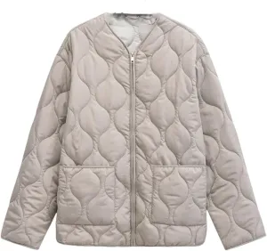 Women Patch Pocket Cotton Padded Jacket Coat Vintage O Neck Long Sleeve Zipper-Up Outerwear Tops Khaki XS
